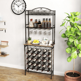 Freestanding Floor Wine Rack, Tall Wine Rack With Wine Glass Holder, Storage Rack, Wooden Metal Stackable Bread Rack, Modern Buffet Cabinet