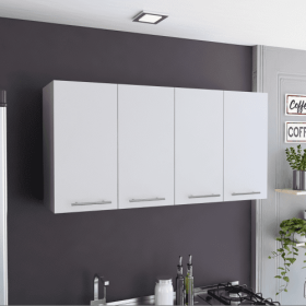 Wall Cabinet Four Doors, With Two Internal Shelves And Internal Plate And Glass Organizer, White (Color: White)